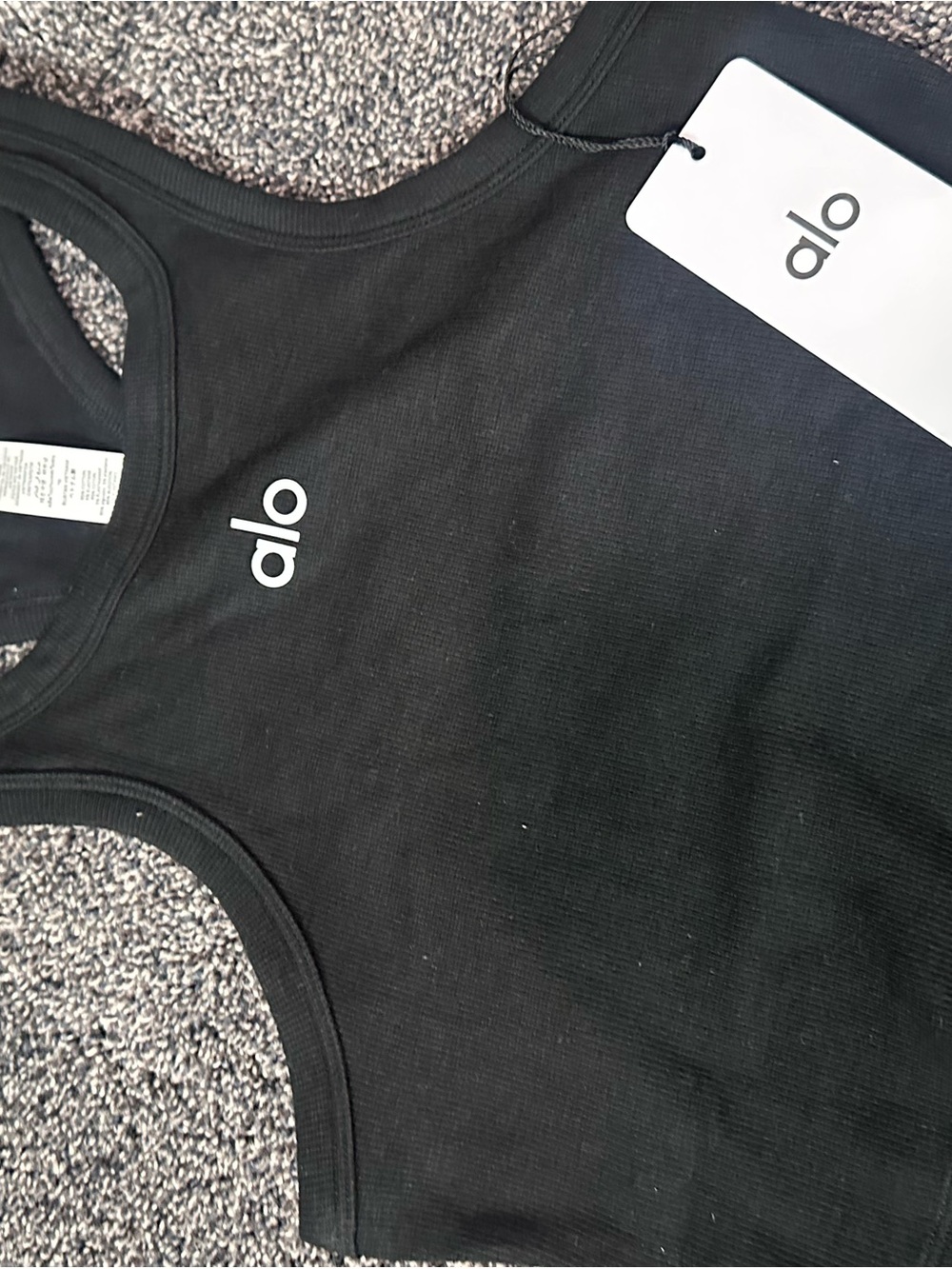 ALO Yoga Black Ribbed Crop Tank with White Logo Tag - Picture 2 of 7